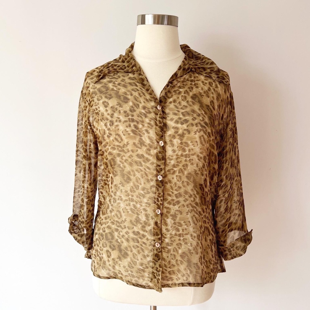 SIZE 1X Jazzie Y2K Sheer Leopard Print Blouse Women's Shirt Brown Top Plus Size